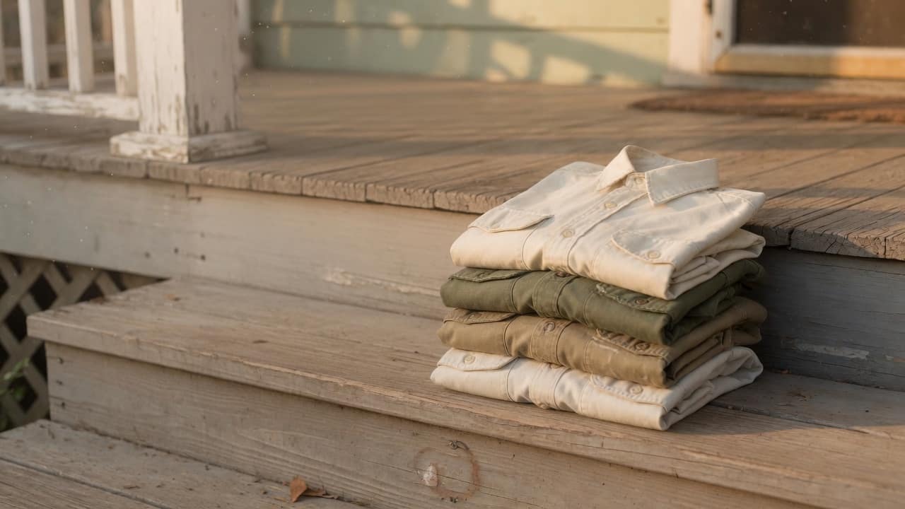 A stack of folded shirts on a porch step. The walk back in.