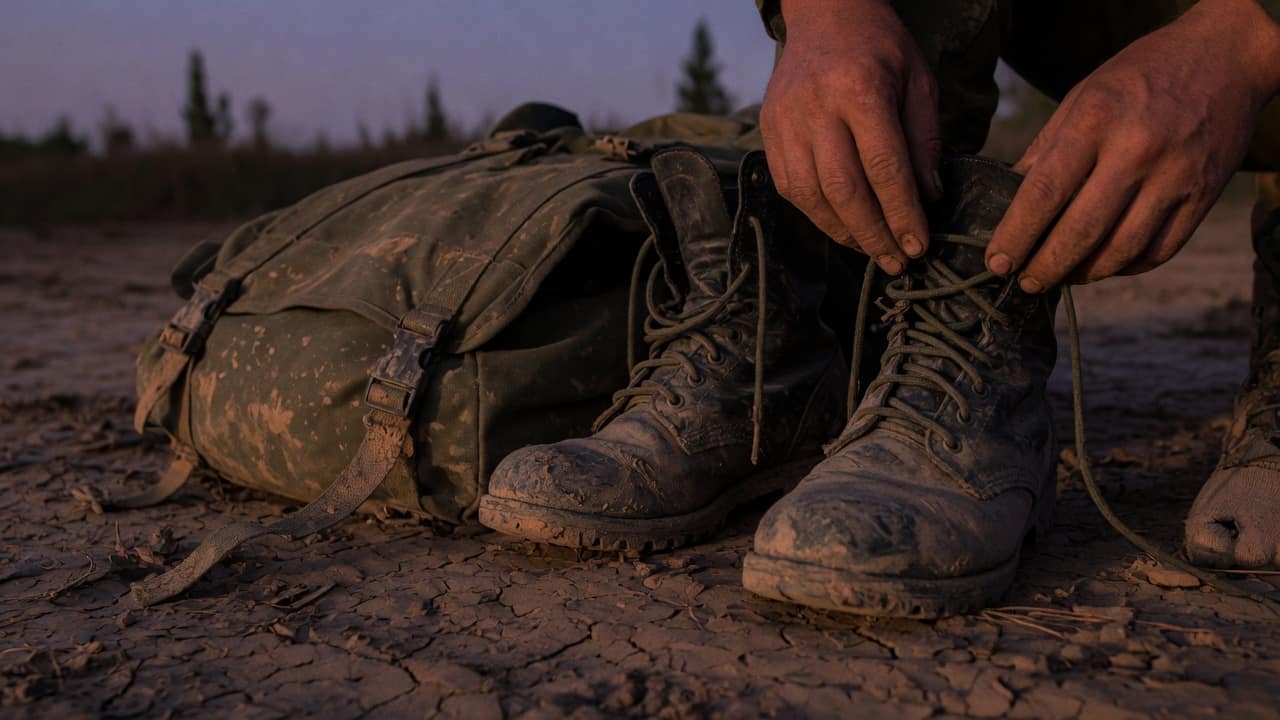 Muddy boots and a muddy bag after the work.
