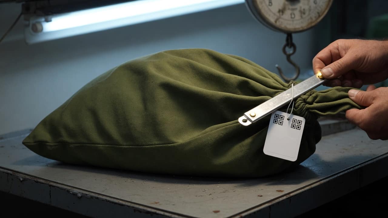 A laundry bag sealed and tagged on a steel table, scale in the background.